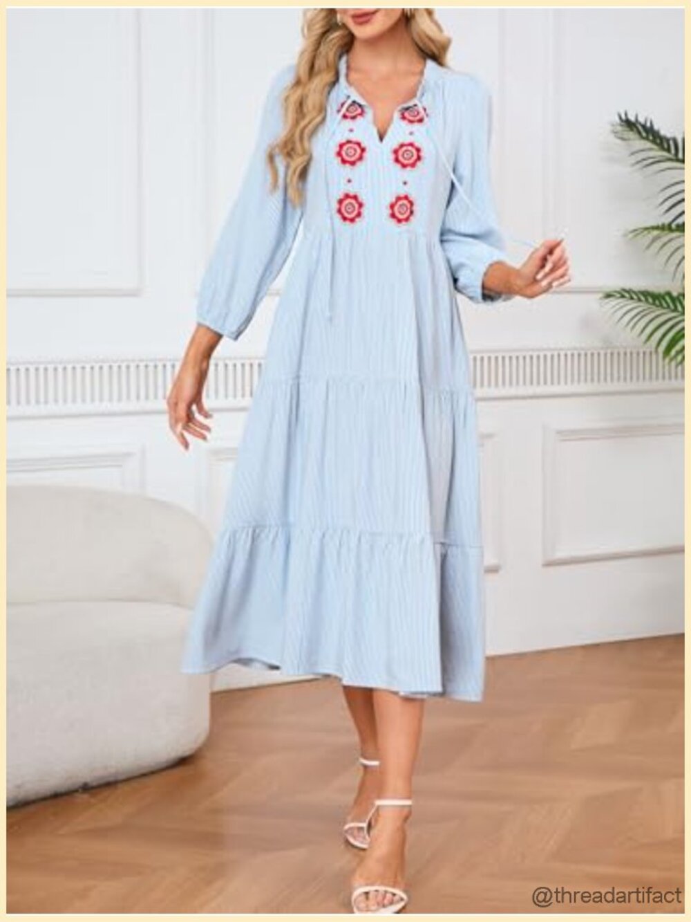 Striped Maxi Dress Tie Neck Floral Embroidery Flowy Tiered Boho Long Dress with - Picture 2 of 6